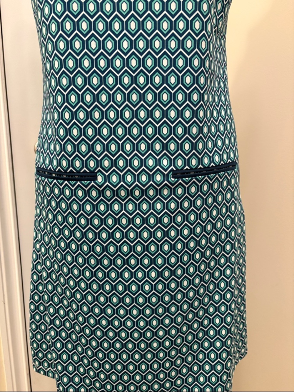 Sleeveless Teal Geometric Short Skirt Dress with Navy Trim size Large NNT - Picture 5 of 15